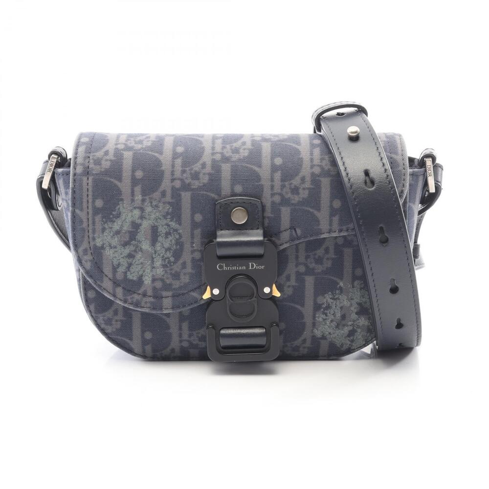 Christian Dior Saddle Flap Messenger Bag Shoulder Canvas Leather Navy Blue